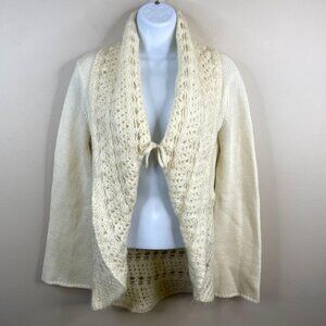 Y2K Mango Cottage Fuzzy Mohair Wool Shawl Collar Sweater Size S Crochet Cozy Tie